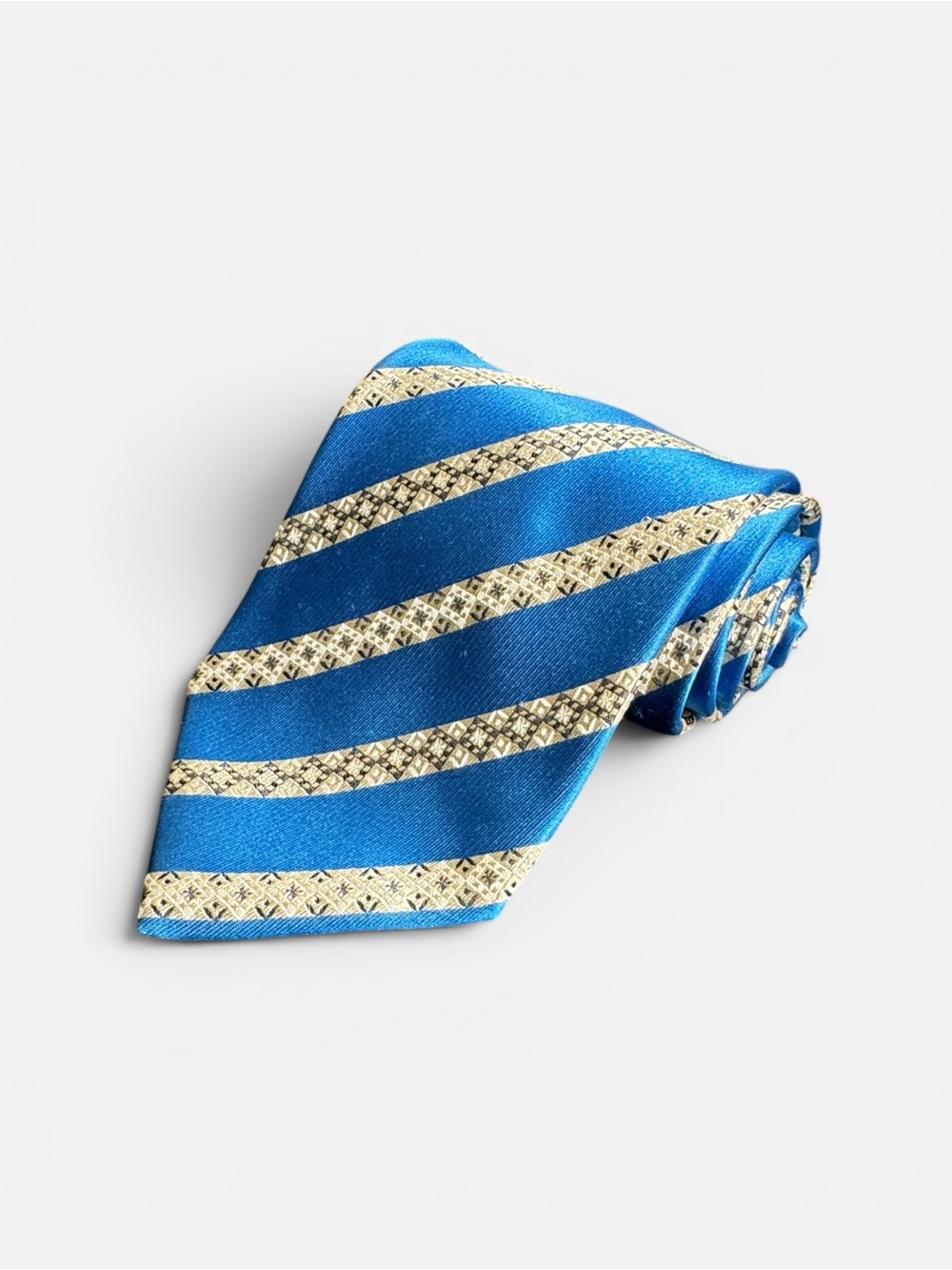 Pavone mens light blue geometric stripe pattern 100% silk luxury neck tie EUC